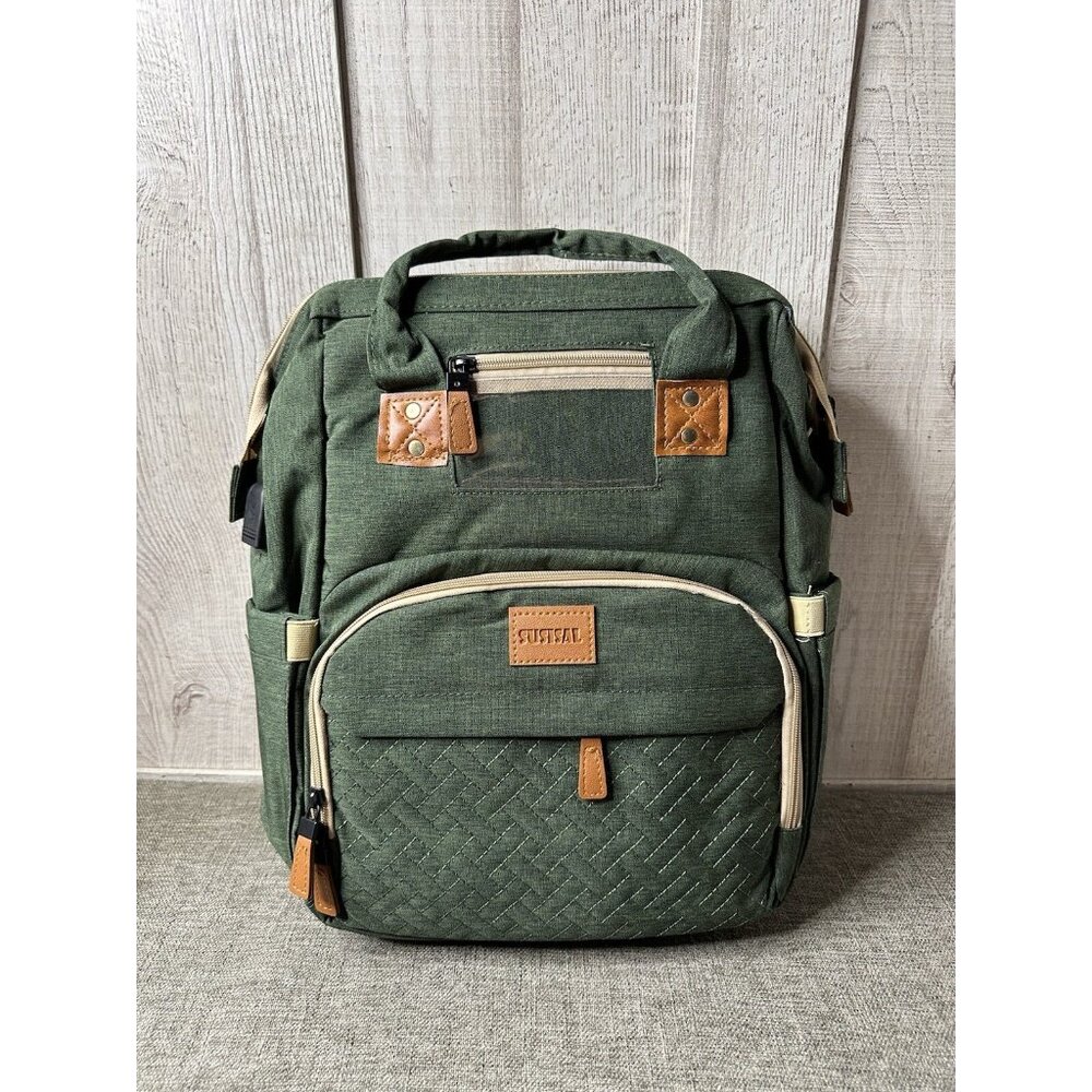 Susisal Diaper Bag Backpack with Built In Changing Station Bassinet Green Beige